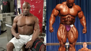 Two bodybuilders one sitting in gym the other posing on stage — Legend Wallpaper