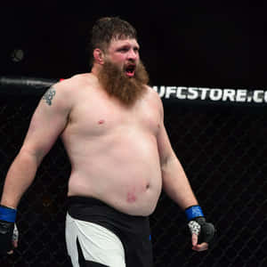 Lutador de MMA barbudo rugindo no octógono do UFC após vitória. — Boxe Papéis de Parede