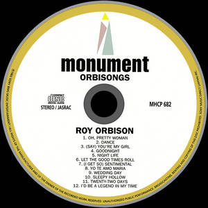Etiqueta de disco compacto para o álbum Monument de Roy Orbison com lista de faixas e logotipo. — Retrô Papéis de Parede