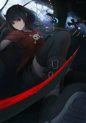 Anime girl with horns and red eyes holding a glowing red sword in a dark futuristic scene. — Ruby Rose Wallpaper