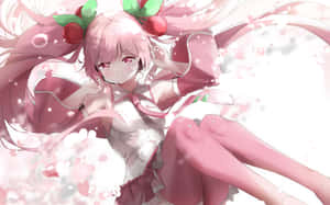 Gadis anime dengan rambut merah muda dan aksesori bunga sakura melayang di pemandangan pastel lembut. — Sakura Miku Wallpaper