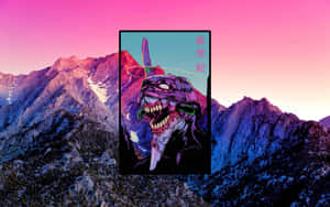 Un monstre de dessin animé aux yeux brillants et aux dents acérées sur une affiche encadrée devant un coucher de soleil de montagne. — Tablet Fonds d'écran