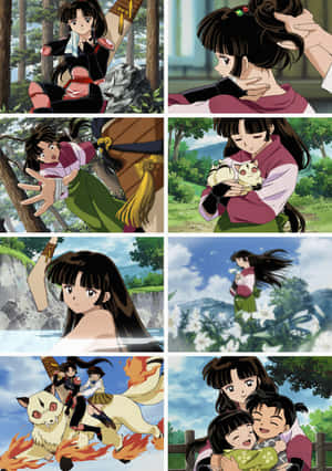 Anime girl in traditional clothes with cat, fox, and family in forest scenes. — iPad Air 11 Wallpaper