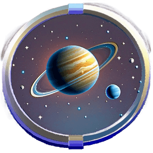 View of a ringed planet through a circular window in space with stars. — Astro Wallpaper