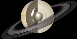 Saturn's rings and core shown in a split 3d-render against black space. — Saturn Wallpaper