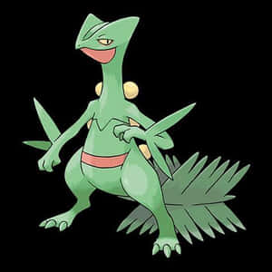 Pokémon verde parecido com um dragão com cauda folhosa e cinto vermelho contra fundo preto. — Pokémon Papéis de Parede