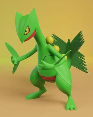 Um Pokémon verde com olhos amarelos e detalhes vermelhos em uma pose dinâmica. — Pokémon Papéis de Parede