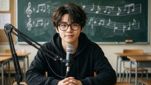 Jovem de óculos gravando música em uma sala de aula com notas musicais no quadro-negro. — Bf Papéis de Parede
