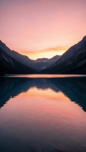 Mountain lake reflecting pink and orange sunset between rocky peaks — Pixel 9a Wallpaper