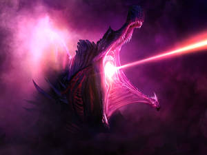 Ein leuchtend pinker Drache, der in einer dunklen, rauchigen Umgebung einen Laserstrahl abfeuert. — Cool Wallpaper