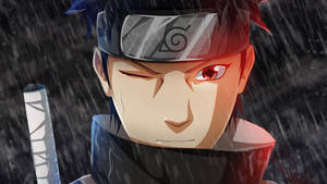 Anime-ninja, jolla on punainen silmä ja otsanauha, seisoo rankkasateessa pitäen miekkaa. — Naruto Taustakuvat