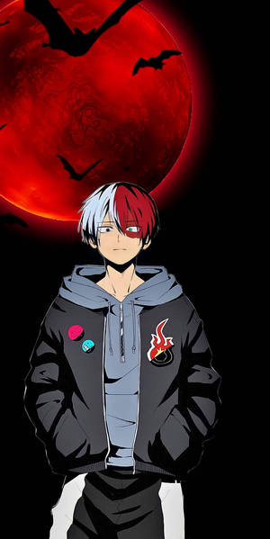 Personaje de anime con cabello rojo y blanco bajo una luna roja con murciélagos volando. — Fotos de perfil Imágenes