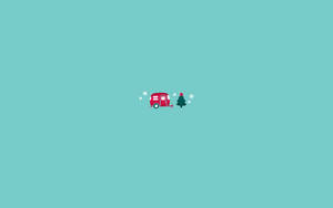 Roter Wohnmobil neben einem Weihnachtsbaum mit Schneeflocken auf blaugrünem Hintergrund. — Desktop Wallpaper
