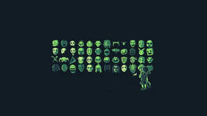 Eine Pixel-Art-Figur steht vor einer Sammlung leuchtender grüner Monstermasken. — Desktop Wallpaper