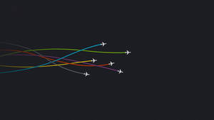 Sechs Flugzeuge fliegen in Formation und hinterlassen bunte, geschwungene Spuren vor einem dunklen Hintergrund. — Desktop Wallpaper