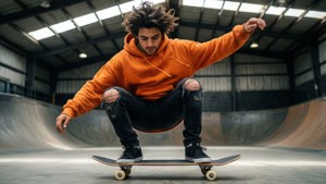 Jeune skateur en sweat à capuche orange accroupi en plein trick dans un skatepark intérieur.
