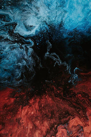 Dynamisk abstrakt kunst med hvirvlende rød og blå blæk mod en sort baggrund. — OnePlus Wallpapers