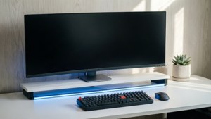 Escritorio moderno con monitor curvo, teclado, ratón y suculenta bajo luz LED azul.