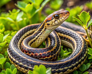 A colorful snake coiled among green leaves in natural daylight. — Prey Wallpaper