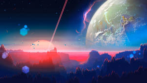Alien forest at sunset with a giant planet and glowing hexagons in the sky. — Planet Wallpaper
