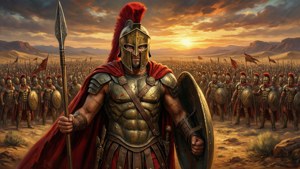 Spartan warrior with red cape and spear leading army at sunset desert battlefield — Warrior Wallpaper