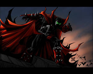 Vampire with glowing eyes and red cape standing on cliff at twilight with bats flying. — Spawn Wallpaper