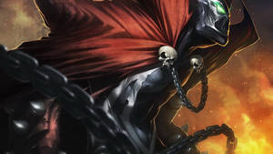 Skeletal warrior in red cape and armor wielding chains amid fiery explosion. — Spawn Wallpaper