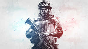 Un soldado en equipo de combate sosteniendo un rifle con salpicaduras de pintura azul y roja en el fondo. — Militar Fondos de pantalla