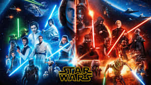 Star Wars-karakterer, der svinger lyssværd i rumkamp med stjerneskibe og planeter.