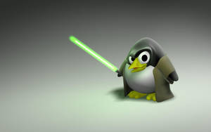 Cartoonpinguïn die een groen lichtzwaard hanteert in een studio-omgeving. — Linux Os Achtergronden