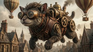 Steampunk-kat med briller og mekanisk gear, der flyver over en vintage by med varmluftballoner. — Appa Wallpapers