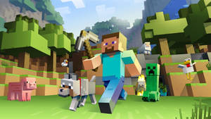 Giocatore di Minecraft con piccone e animali in paesaggio forestale a blocchi — HD Sfondi
