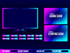 Interface de stream de jeu avec des panneaux dégradés rose néon et bleu affichant les notifications de début et de fin de stream. — Streaming Fonds d'écran