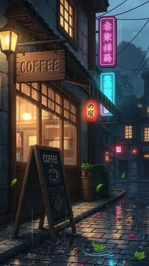 Calle nocturna lluviosa con cafetería y letreros de neón brillantes reflejándose en los charcos fondos de pantalla