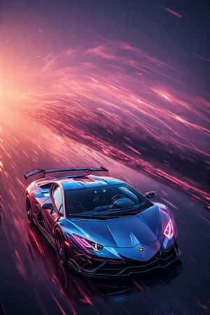A blue sports car speeding through a glowing cosmic tunnel at night. — Lamborghini Wallpaper
