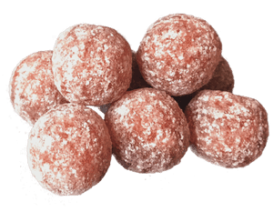 Pink sugar-coated treats with white sugar dust against black background — Food PNG