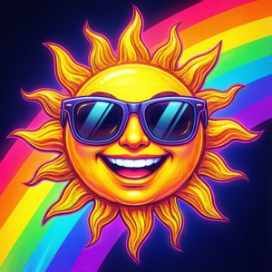 A smiling sun wearing sunglasses with a rainbow behind it. — Kidcore Wallpaper