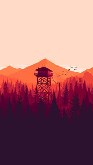 Fire lookout tower in forest at sunset with birds flying — Local Wallpaper