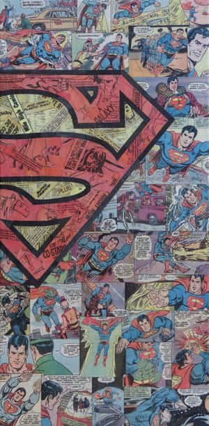 Painéis vintage de quadrinhos do Superman organizados em uma colagem com o icônico logotipo do escudo S. — Super-herói Papéis de Parede