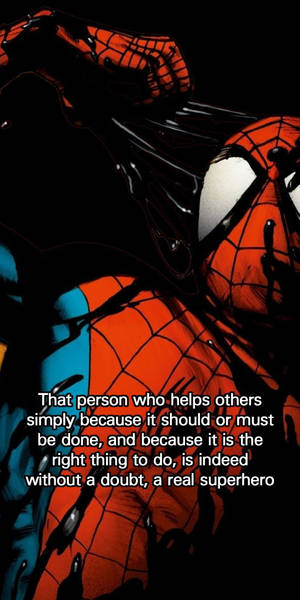 Spider-Man in red and blue suit with quote about helping others being heroic. — Indeed Wallpaper