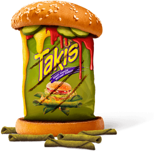 Takis snack bag styled as a dripping burger with sesame bun and green chips. — Food PNG
