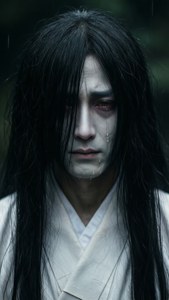 Fondo de pantalla de A ghostly figure in white robes weeps in a rainy forest at night.