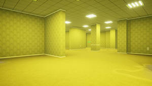 Empty retro office with yellow wallpaper and carpet under fluorescent lights. — Game Wallpaper