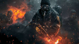 Soldaten mit Gasmasken kämpfen mit Flammenwerfern auf einem feurigen Schlachtfeld. — Ruf Wallpaper
