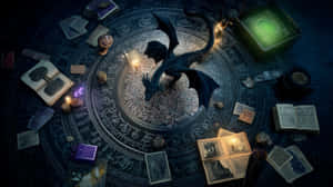 A dark dragon sits on a mystical circle surrounded by ancient books and glowing artifacts. — Legend Wallpaper
