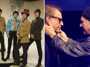Foto dividida de banda dos anos 1960 e dois homens em interação próxima sob iluminação azul. — Retrô Papéis de Parede