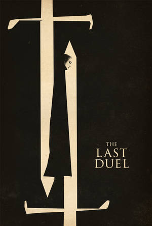 A woman's face peeks from within a large stylized letter T on a black background. — Duel Wallpaper