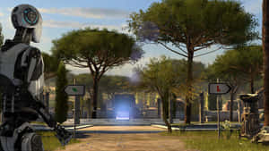Futuristic robot in a park with ancient ruins and glowing signs. — Robot Wallpaper