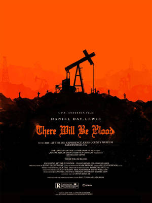 Affiche du film 'There Will Be Blood' montrant des derricks pétroliers contre un ciel orange. — Image Fonds d'écran