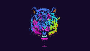 Levende neontigerhoved med malingstænk på mørk baggrund. — Desktop Wallpapers
